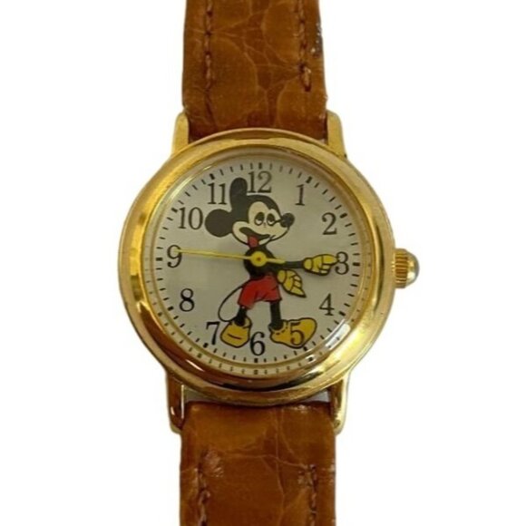 Vintage Mickey Mouse Gold Plated Sticking Out Tongue Watch 2035-21 Leather Band main image 4